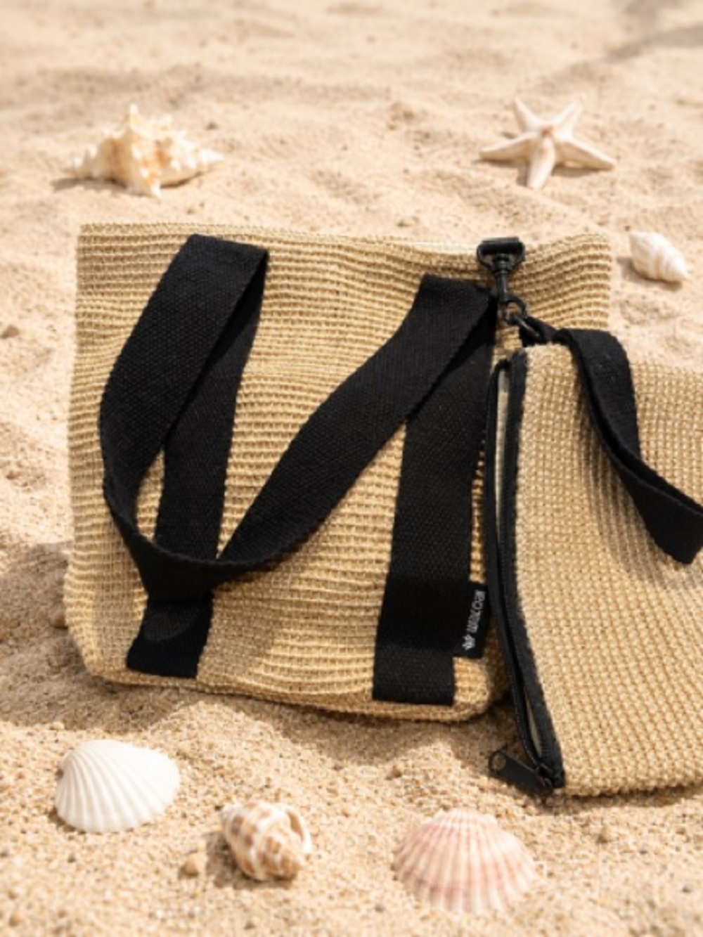 Wacoal Beige Straw Tote with Black Straps and Detachable Pouch